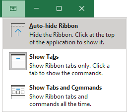 Ribbon displays options Excel 365