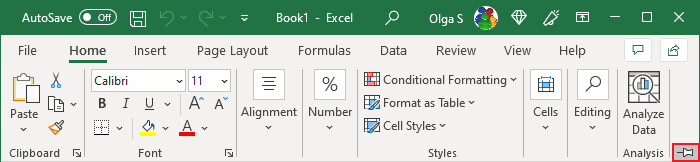 Expand Minimized Ribbon button Excel 365