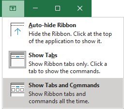 Ribbon displays options Excel 365