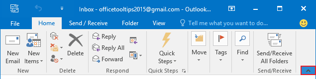 Minimize Ribbon button Outlook 2016 Minimize Ribbon button Outlook 2016