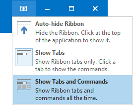 Ribbon displays options Outlook 2016