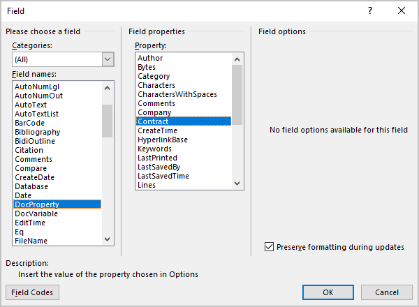 DocProperty in Field dialog box Word 365