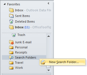 popup New Search Folders in Outlook 2010
