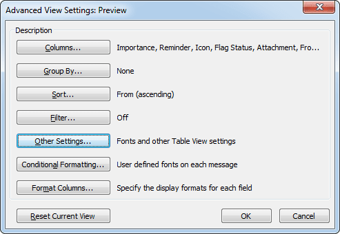 Advanced View Settings Preview in Outlook 2010
