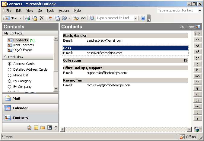 Contacts in Outlook 2003