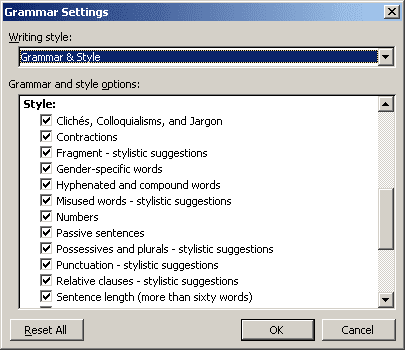 Grammar and Style item in Word 2003