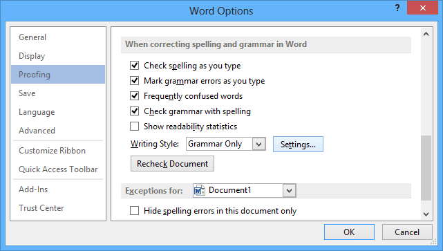 Proofing tab in Word 2013