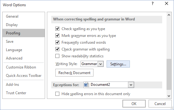 Proofing tab in Word 2016