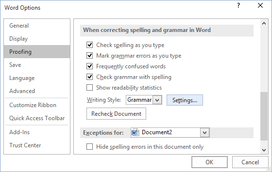 Proofing tab in Word 2016 Proofing tab in Word 2016