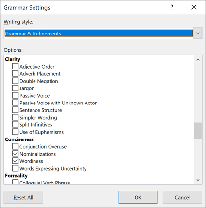 Clarity in Grammar Settings Word 2016 Clarity in Grammar Settings Word 2016