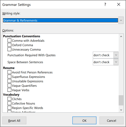 Punctuation Conventions, Resume and Vocabulary in Grammar Settings Word 2016 Punctuation Conventions, Resume and Vocabulary in Grammar Settings Word 2016