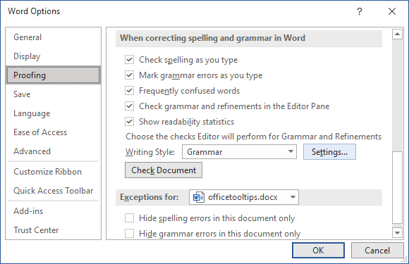 Proofing tab in Word 365