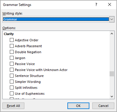 Clarity in Grammar Settings Word for Microsoft 365 Clarity in Grammar Settings Word 365