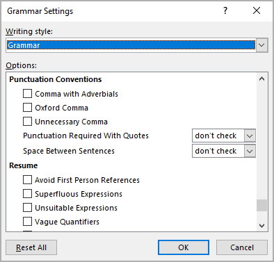 Punctuation Conventions, Resume and Vocabulary in Grammar Settings Word for Microsoft 365 Punctuation Conventions, Resume and Vocabulary in Grammar Settings Word 365