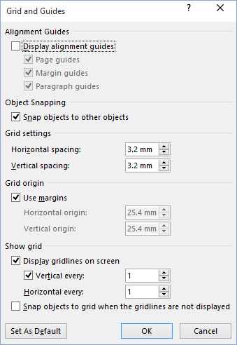 Grid and Guides in word 2016