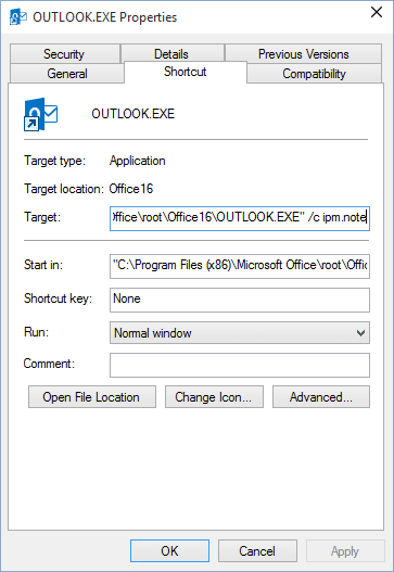 New note option Outlook 2016