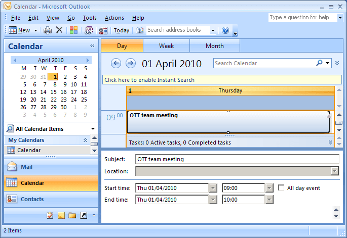 Calendar's Reading Pane in Outlook 2007