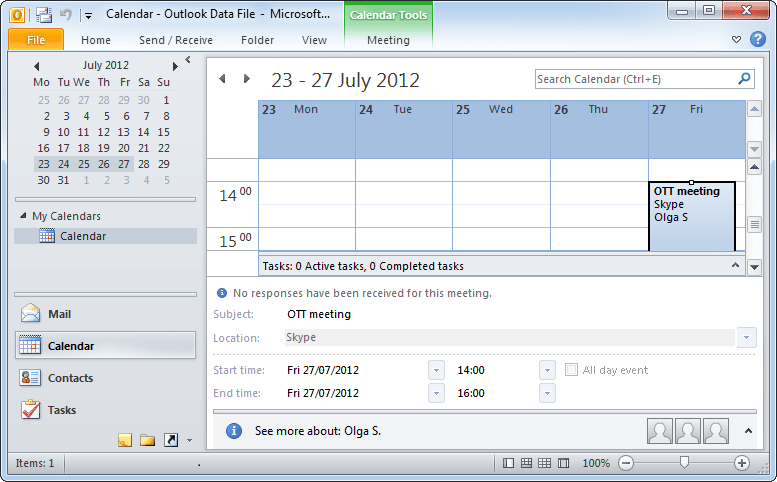 Calendar's Reading Pane in Outlook 2010