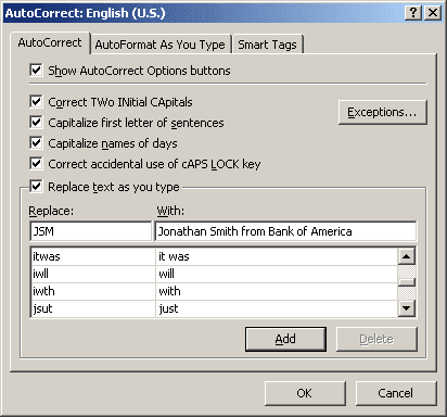 AutoCorrect options in Outlook 2003