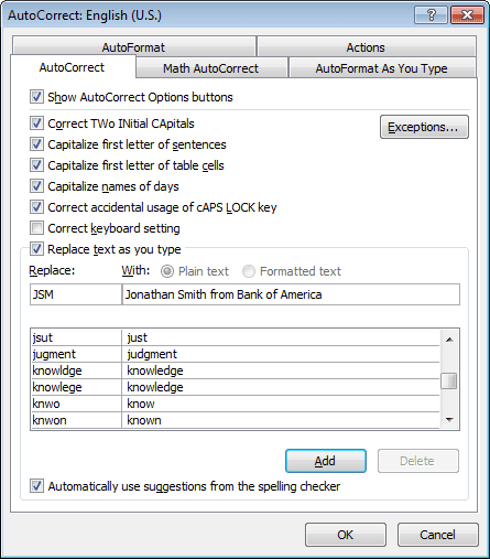 AutoCorrect options in Outlook 2010