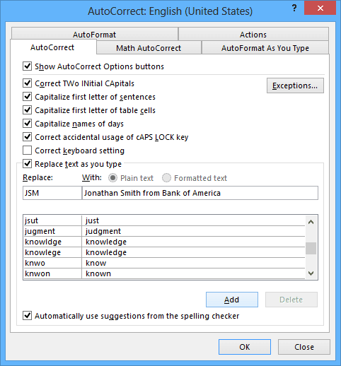 AutoCorrect options in Outlook 2013