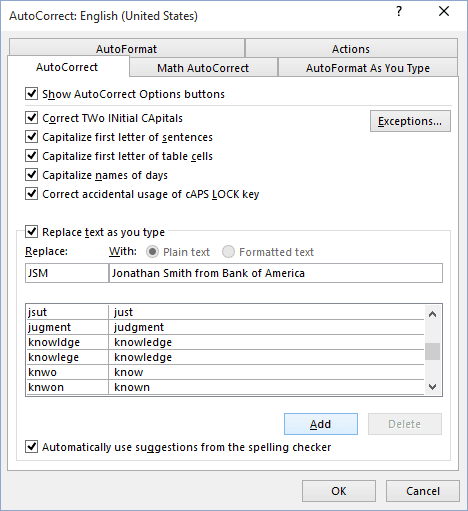 AutoCorrect options in Outlook 2016