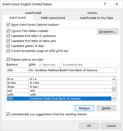 Repalce in AutoCorrect options Outlook 365
