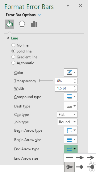 Arrow settings for Error Bars line in Excel 365