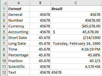 Cells formats in Excel 365