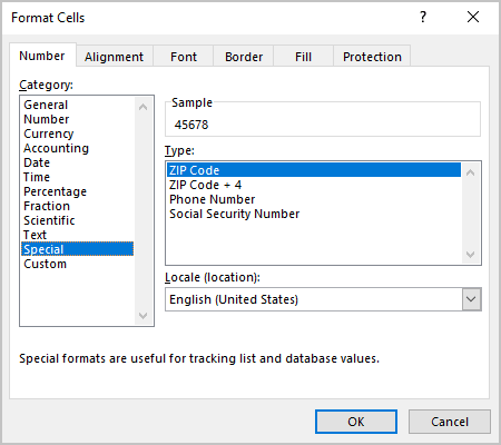 Special formats in Format Cells dialog box Excel 365
