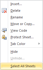 Sheets popup menu in Excel 2010