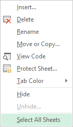 Sheets popup menu in Excel 2013