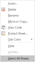 Sheets popup menu in Excel 2016