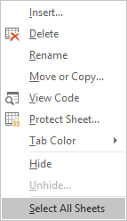 popup menu in Excel 2016 Sheets popup menu in Excel 2016