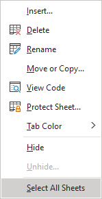 Sheets popup menu in Excel 365