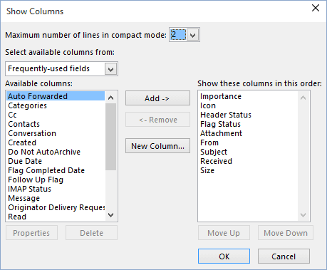 Show Columns in Outlook 2016