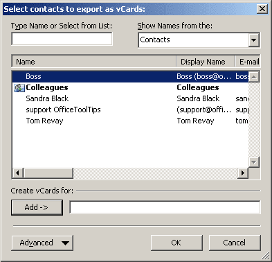 Select contacts to export as vCards in Outlook 2003