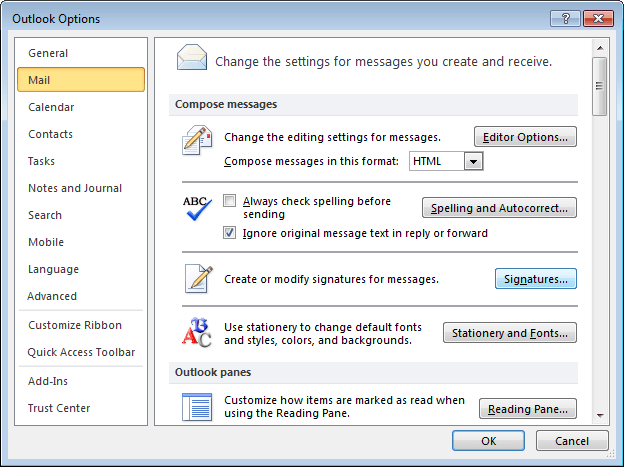 Outlook 2010 Mail Options