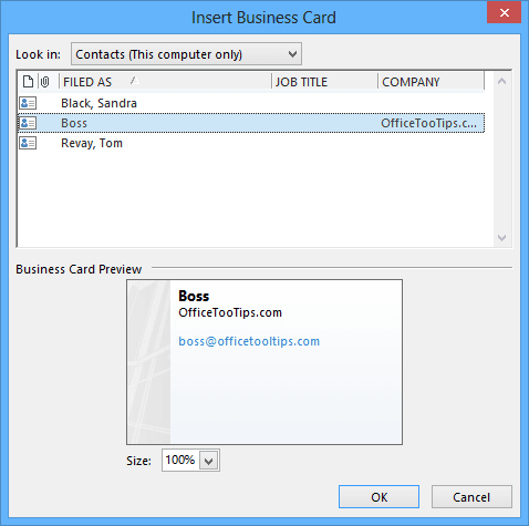 Insert Business Card in Outlook 2013