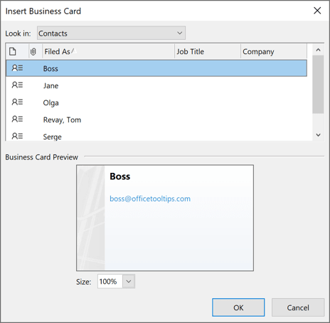 Insert Business Card in Outlook 365
