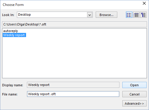 Choose template in Outlook 2016 Choose template in Outlook 2016