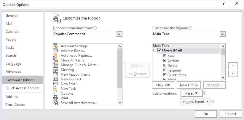 Customize the Ribbon in Outlook 2016