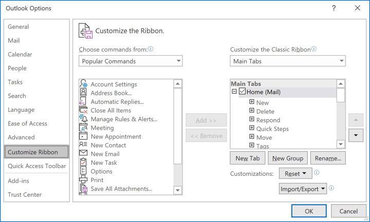 Customize the Ribbon in Outlook 365