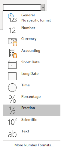 Fraction in Number Formats Excel 365