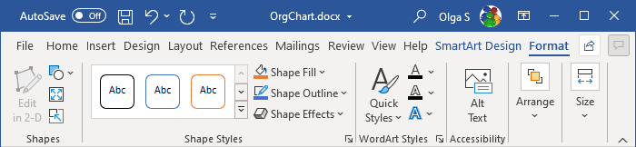 SmartArt Format options in Word 365