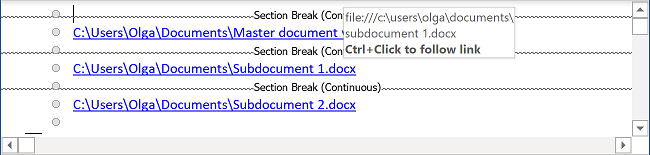 Hyperlink of the subdocument in Word 365