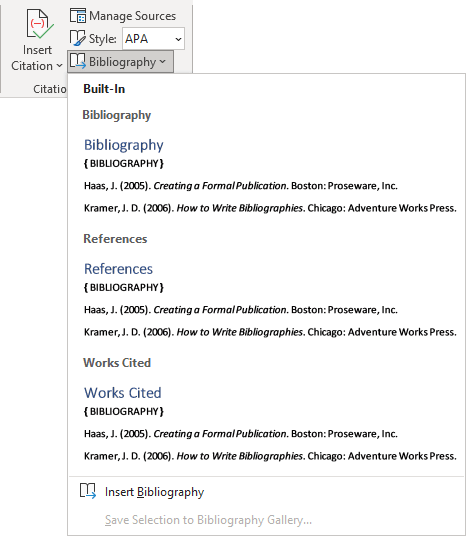 example of the Bibliography list in Word 365
