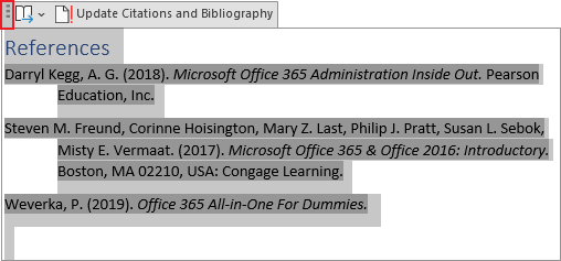 Select the Bibliography in Word 365