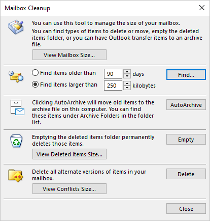Mailbox Cleanup dialog box in Outlook 365