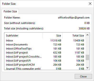 Folder Size dialog box in Outlook 365